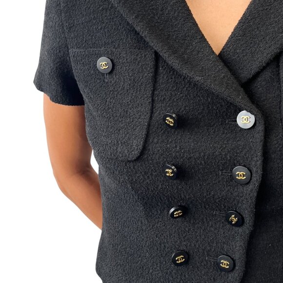 CHANEL Vintage 95P CC Mark Logo Cropped Jacket #36 Button Black Gold [106360] - Picture 4 of 12